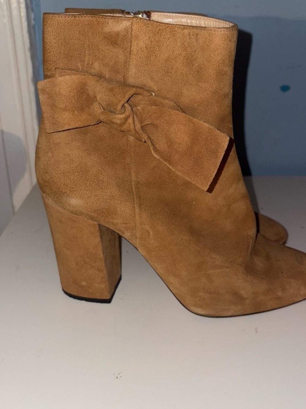 Women's Suede Ankle Boots with Decorative Bow - Tan